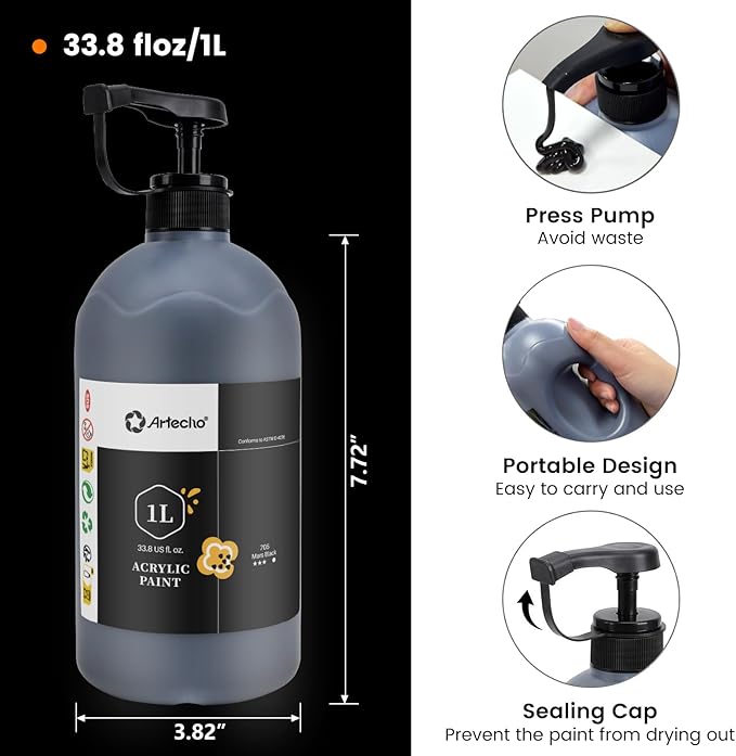 Artecho Mars Black Acrylic Paint 1000ml (33.8 fl oz) with Pump Dispenser – High Pigment for Exceptional Coverage, Large Bottle Craft Paint for Canvas, Wood, Rocks, Fabric, Ceramic – Non-Toxic