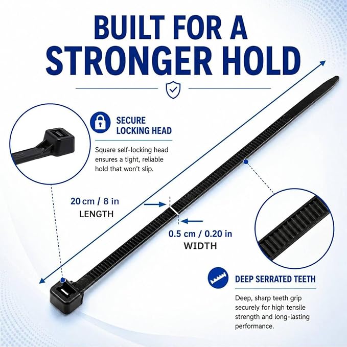 Zip Ties 8 inch, 100 Pack Heavy Duty Black Zip Ties with 100 lbs Tensile Strength, Self-Locking Nylon Cable Ties,Wire Ties for indoor and outdoor use.