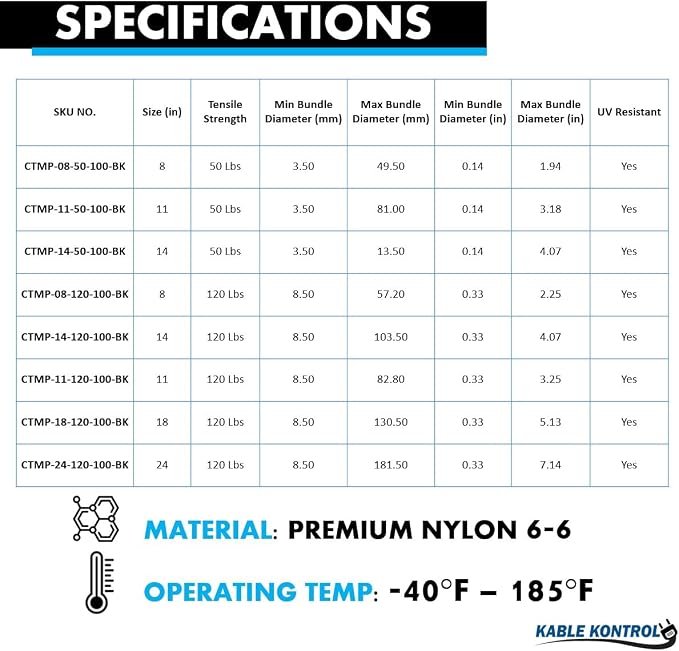 Kable Kontrol Metal Pawl Cable Ties 8 Inch 100 Pcs, 50 Lbs Test – Black | Metal Tooth, Stainless Steel Toothed Self-Locking Ties, UV Resistant Steel Barb Zip Ties for Indoor & Outdoor Use