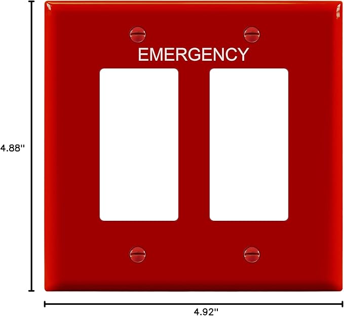 ENERLITES Double Decorator Switch Cover with Emergency Label, Two Gang Outlet Wall Plate, Mid-Size 2-Gang 4.88" x 4.92", Unbreakable Polycarbonate Thermoplastic, UL Listed, 8832M-ER, Red