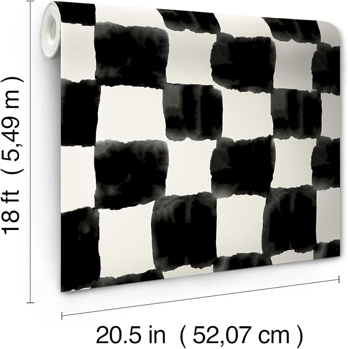Mr. Kate RoomMates Tess Watercolor Soft Black Checker Peel and Stick Wallpaper, Vinyl, 20.5-in x 18-ft