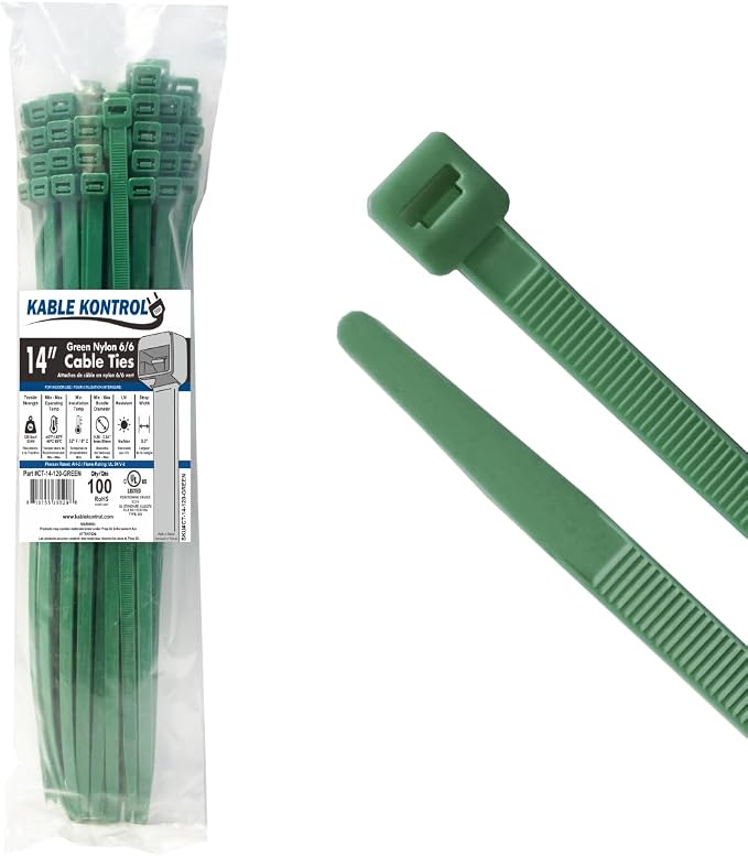 Kable Kontrol Cable Zip Ties, 14 Inch, 100 Pcs, HD 120lbs Test, Green | Nylon Plastic, Self Locking, UL Listed, Indoor Use