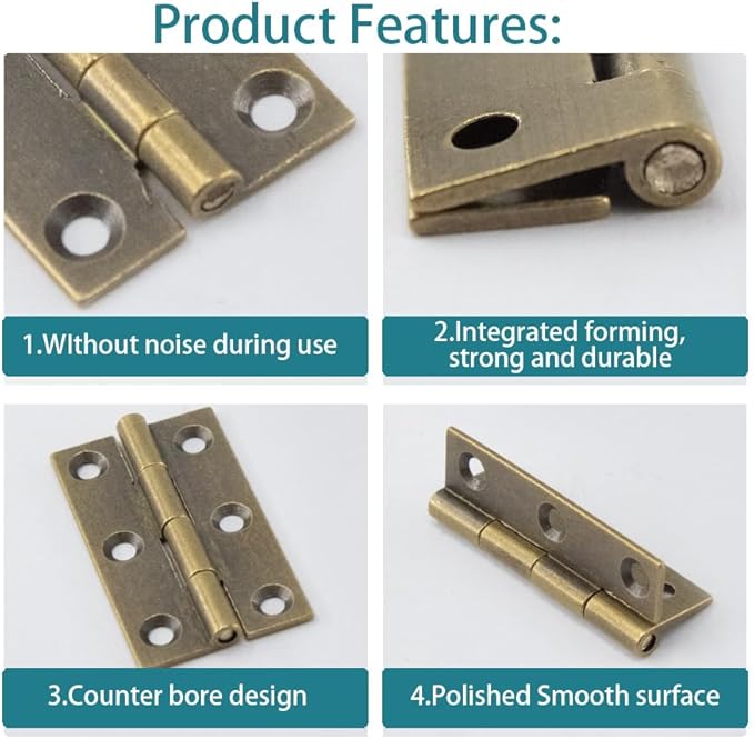 6Pcs 1.5 Inch Butt Hinge, Mini Cabinet Hinges, Rectangle Brass Folding Butt Hinges, Small Jewelry Box Butt Hinge, Bronze