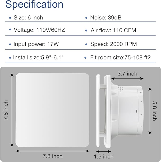 Fanspex 6" Bathroom Exhaust Fan With Front Panel, Bathroom Vent Fan for Window or Wall Mount, 1.0 Sones Quiet with 17W Low Consumption