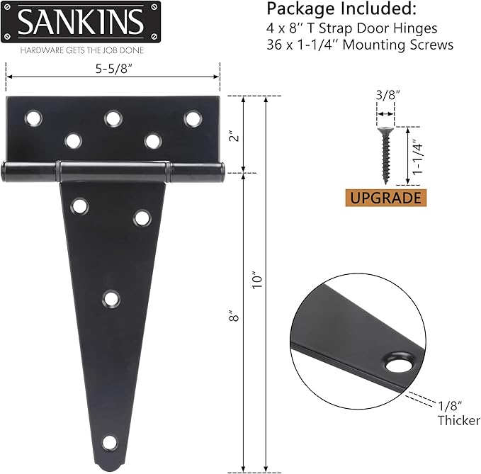 8 Inch T-Strap Shed Door Hinges Heavy Duty, Black Tee Hinge for Wooden Fences, Yard Door, Barn Door Gates, Wrought Hardware Rustproof, 4PCS