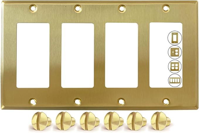 Rio Salto BRASS Deco Collection Standard Size 4-Gang Quad Rocker Gold Decorator Switch of Receptacle Wall Plate Cover Light Switch Wallplate Covers 4 Gang GFCI Brushed Brass Rocker Metal