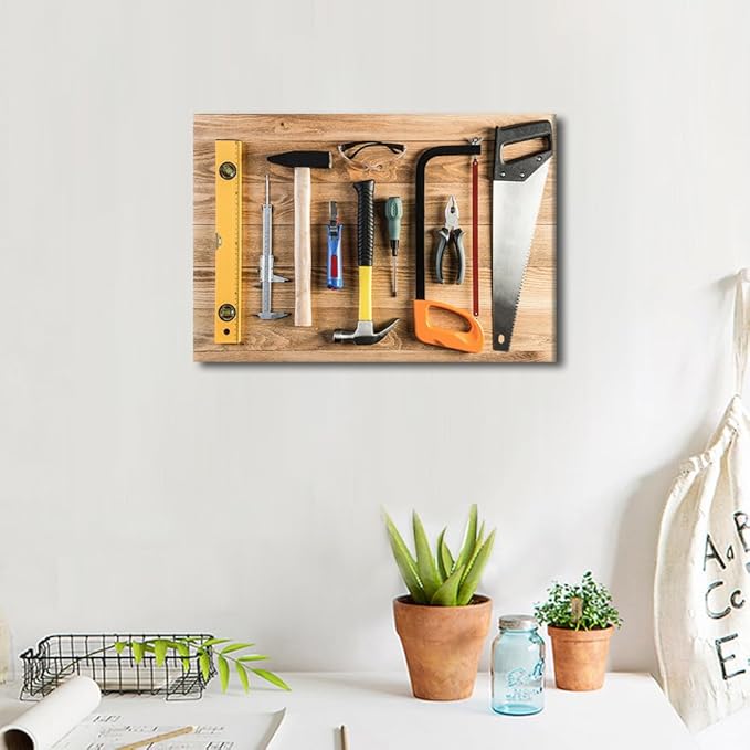 Assorted Work Tools on Wood Background Picture 1 Panels Canvas Wall Art Hammer and Ruler Poster Framed Artwork for Home Living Room Bedroom Wall Decor Ready to Hang (12" Wx18 H)