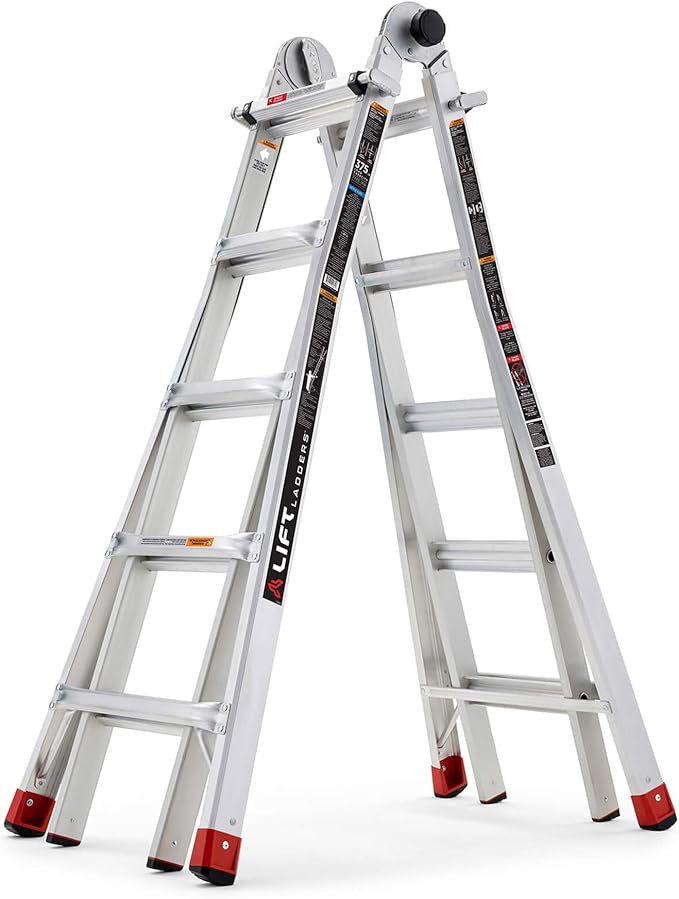 Lift Ladders 22 Foot Reach Adjustable 5 in 1 Multi Position Lightweight Aluminum Step Ladder with Armored J Locks and 375 Pound Capacity, Silver