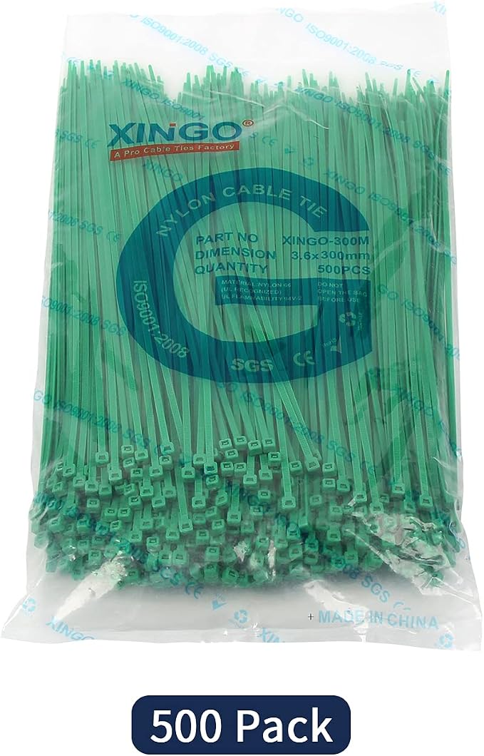 XINGO Nylon Cable Zip Ties Self Locking Plastic Wire Ties with 40 Lbs Tensile Strength for Indoor and Outdoor 12 Inch 500 Pack Green