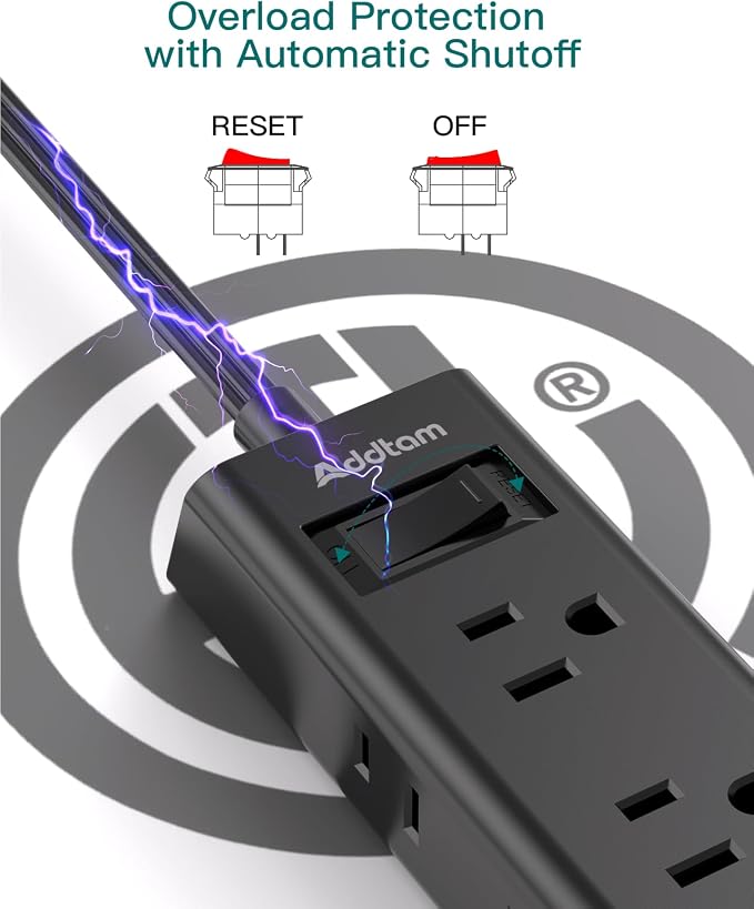 Cruise Essentials - Flat Plug Power Strip, Addtam 5 ft Ultra Flat Extension Cord with 6 Outlets Extender, No Surge Protector for Cruise Ship, Travel, Dorm, Home Office,Black