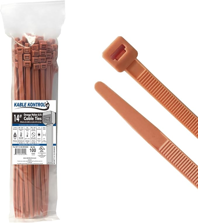 Kable Kontrol Cable Zip Ties, 14 Inch, 100 Pcs, HD 120lbs Test, Orange | Nylon Plastic, Self Locking, UL Listed, Indoor Use