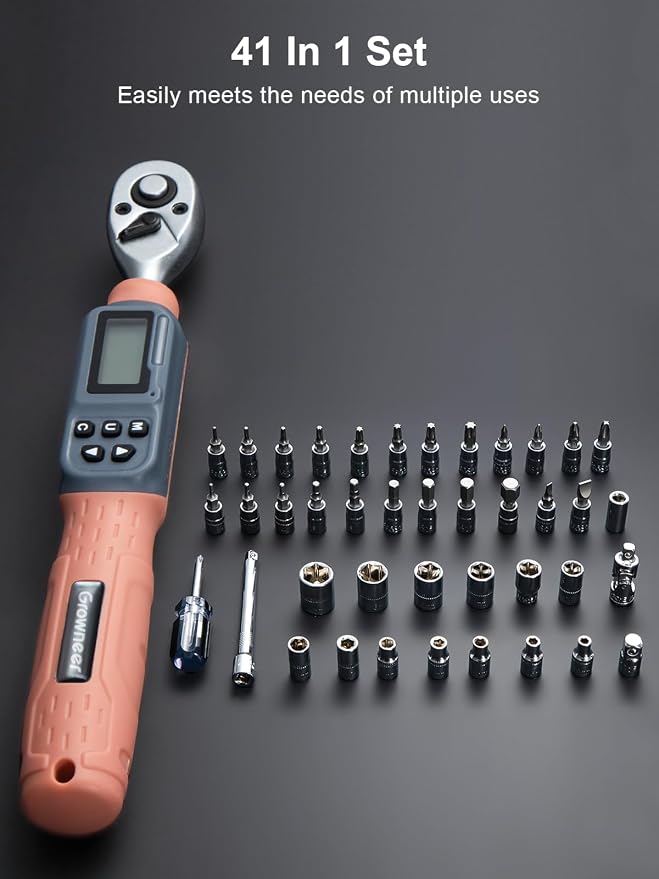 GROWNEER Digital Torque Wrench, 1.1-22.1 Ft-lbs/1.5-30 Nm, 1/4'' Drive Inch Pound Torque Wrench with Buzzer & LED Indicator, Electronic Wrench Set with Bits & Sockets for Gunsmithing Bike Motorcycle
