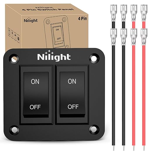 Nilight 2 Gang ON-Off Switch Panel 4 PIN DPST Toggle Switches 12V 20A Black Anodized Aluminium Shell Bracket with Screws Ternimals Jumper Wires Set for Cars Trailers Boats RV Camper