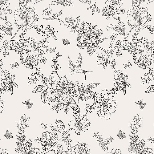 Froluya Black and Cream White Floral Wallpaper Peel and Stick Wallpaper 17.7in×590.5in Vintage Floral Contact Paper Flowers Birds Removable Self Adhesive Decorative Wall Paper for Bathroom Cabinets