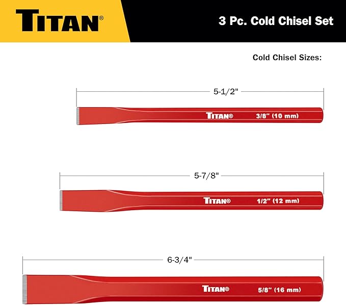 Titan 17081 3-Piece Heavy-Duty Cold Chisel Set, Includes 3/8, 5/8, & 1/2" Metal Chisels for Carpentry, Metalwork, Woodwork, & Masonry Work