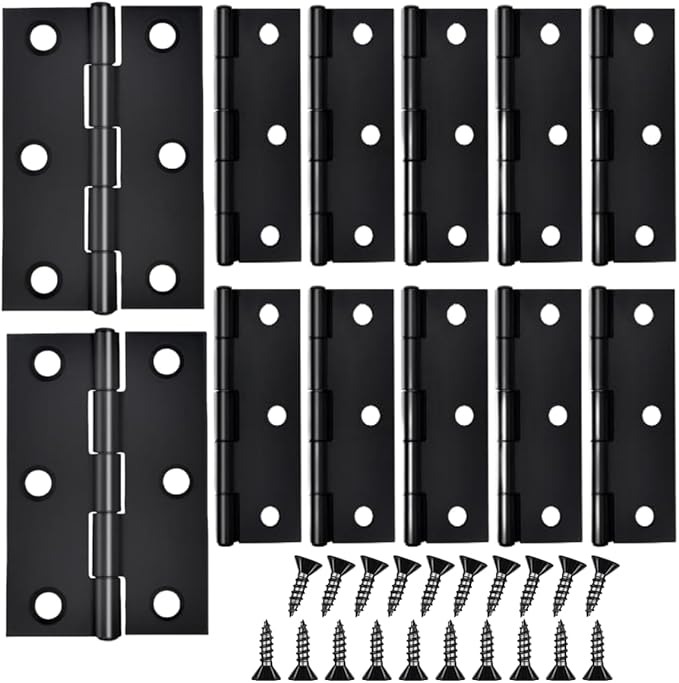 12 PCS 2.5 inch Door Hinge Thick Cabinet Hinge, High-end Stainless Steel Small Butt Hinges for Wood, 72 Mounting Screws, Black