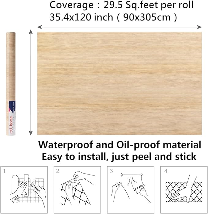 Arthome 33" x120" Peel and Stick Oak Wood Contact Paper Self-Adhesive Wall Paper,Decorative Vinyl Film for Countertop, Cabinets, Shelf, Drawer Liner,Easy to Clean Removable Wall Covering