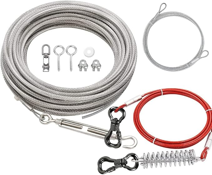 XiaZ Dog Tie Out Cable, 50ft Trolley Runner Cable for Dogs up to 200lbs，Heavy Duty Dog Lead for Yard, Camping, Outdoor, with 10ft Pulley Runner Line with Spring
