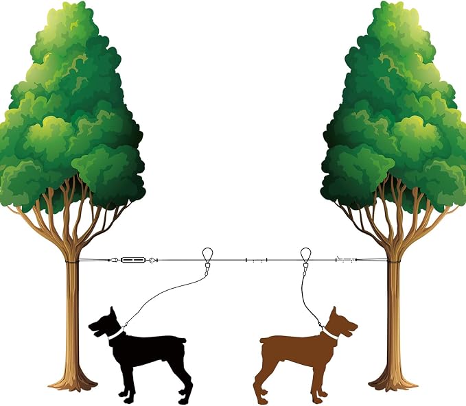 XiaZ 100FT Dog Trolley Runner Cable for 2 Dogs, Tie Out Cable for Small, Medium, Large Dogs up to 200lbs，Pet Lead for Yard, Camping, Outdoor, with 8 Ft Nylon Bungee Runner