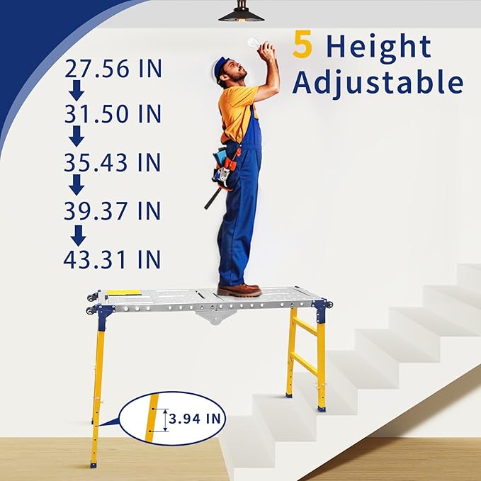 VKE Galvanized Steel Large Work Platform Support 1000 lbs 55"x14", Height 27 to 43 inches Adjustable Folding Portable Platform, Corrosion Resistance Platform Ladders with Rollers Easy to Move Store
