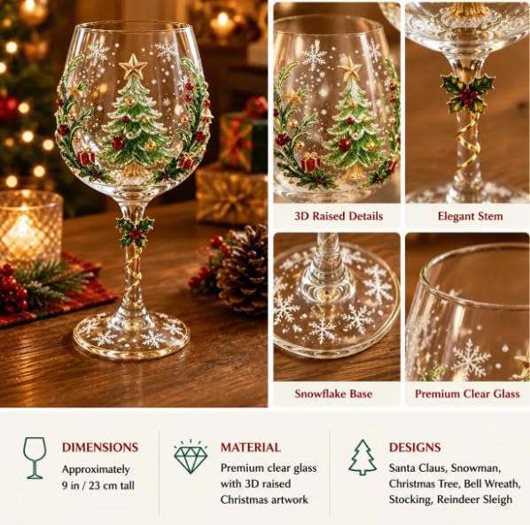 Christmas 3D Wine Glass Collection Gift Box Set, 3D Christmas Wine Glasses,Raised Holiday Goblet with Snowflake Decor,Festive Glassware,Holiday Party Decor,Wines & Cocktails,Table Decor (1pcs E)