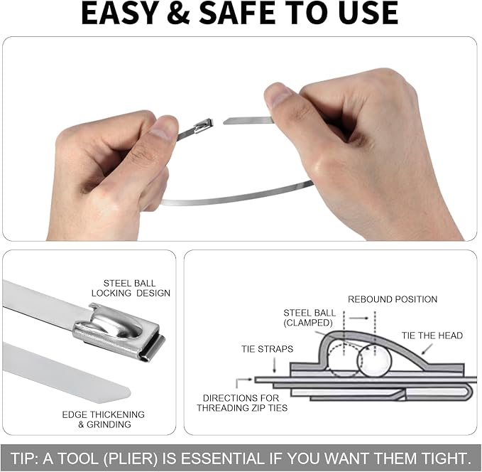 500Pack Stainless Steel Cable Zip Ties 18 inch 304 Metal Cable Ties with 270lbs Tensile Strength Heavy Duty Zip Ties for Farms Pipes Roofs Workshop Outdoor Fence Use
