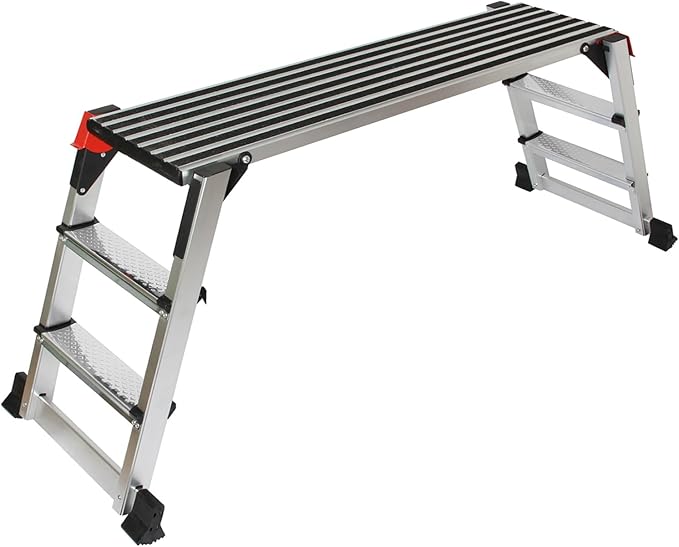 LEADALLWAY Aluminum Work Platform 50""x12"" 2 Step Ladder Folding Portable Work Bench with Non-Slip Mat Capacity 660 LBS Heavy Duty, Silver