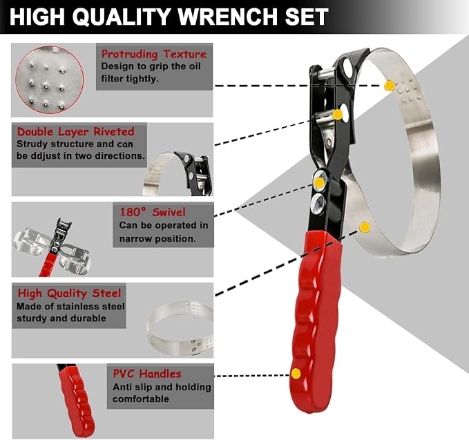 Oil Filter Wrench Set, Oil Filter Pliers with Small Funnel, 8 Pcs | Universal Oil Filter Removal Tool 1-1/4"-5-2/5", 12" Adjustable Oil Filter Pliers with Snap-On Oil Funnel for Automotive