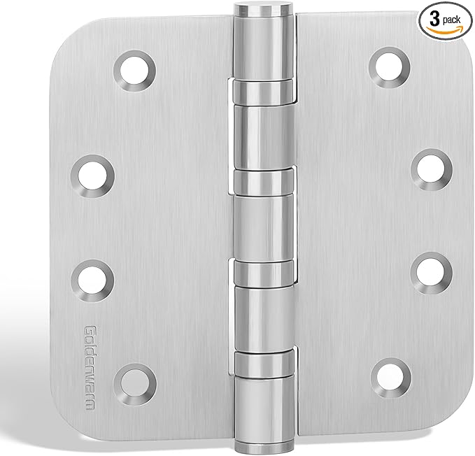 3 Pack goldenwarm Satin Nickel 4'' Door Hinges for Exterior Doors Ball Bearing Door Hinges 4in x 4in with 5/8'' Radius Corners, Heavy-Duty, 304 Stainless Steel