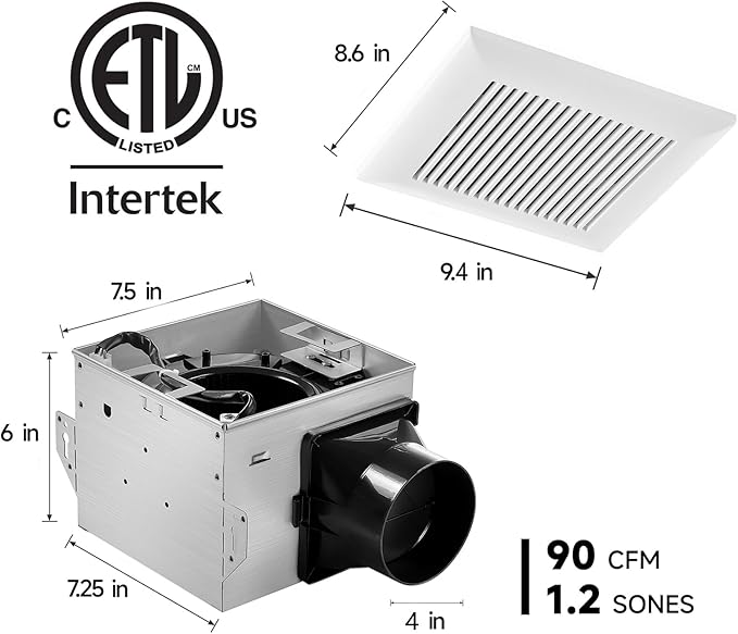 Tech Drive Bathroom Exhaust Fan 90 CFM, 1.2 Sone, 4-Inch Duct,No Attic Access Needed,Very Quiet Ventilation Fan, Easy to Install Ceiling Mounted, White, ETL Certified