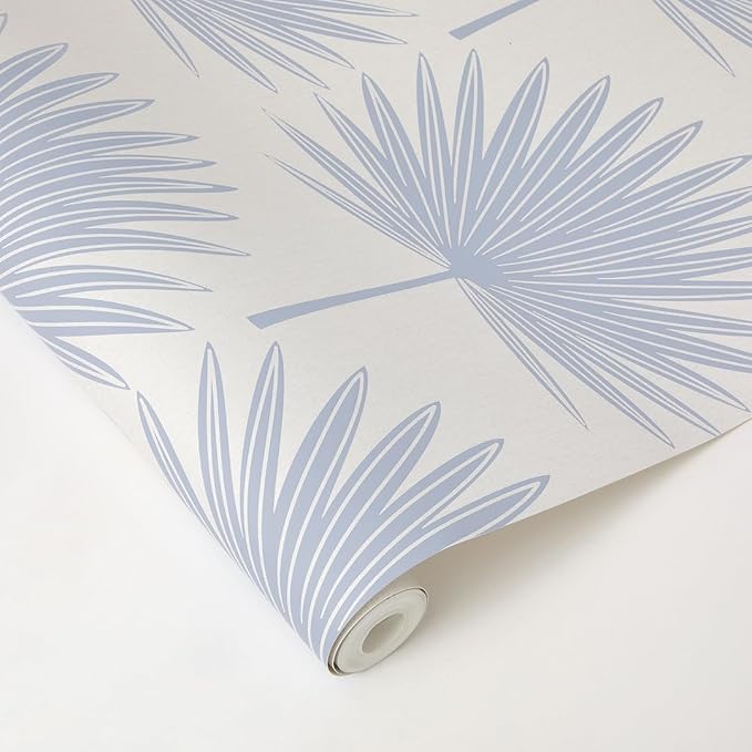 Tempaper Powder Blue & Off-White Stamped Palm Removable Peel and Stick Boho Wallpaper, 20.5 in X 16.5 ft, Made in the USA