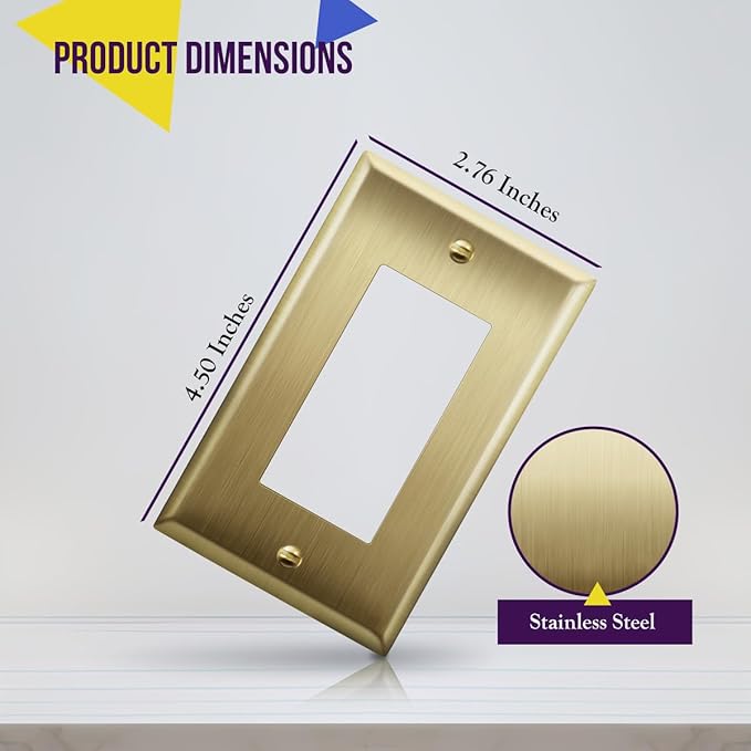 ENERLITES Decorator Switch or Outlet Metal Wall Plate, Stainless Steel Outlet Cover, Corrosion Resistant, Size 1-Gang 4.50" x 2.76", Stainless Steel 201, 7731-BB, Brushed Brass, Gold