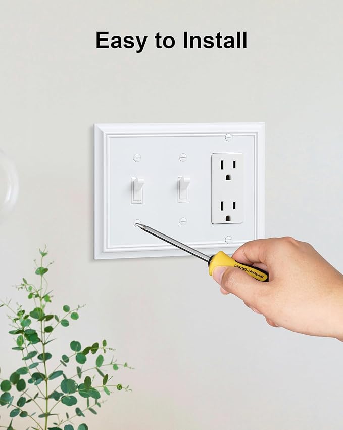 2-Pack Combo Double Toggle/Decorator Outlet Cover Plate, Pure White Decorative Switch Plates and Outlet Covers, Durable Natural Bamboo Fiber Wall Plates for Electrical Outlets, Receptacle, GFCI Outlet