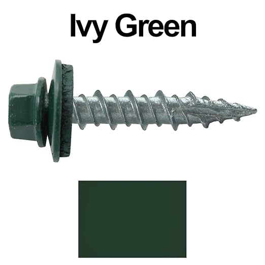 10 x 1 Ivy Green Metal Roofing Screws - Hex Washer Head- Self-Starting/Tapping - EPDM Washer. 1 Bag - 250 Screws