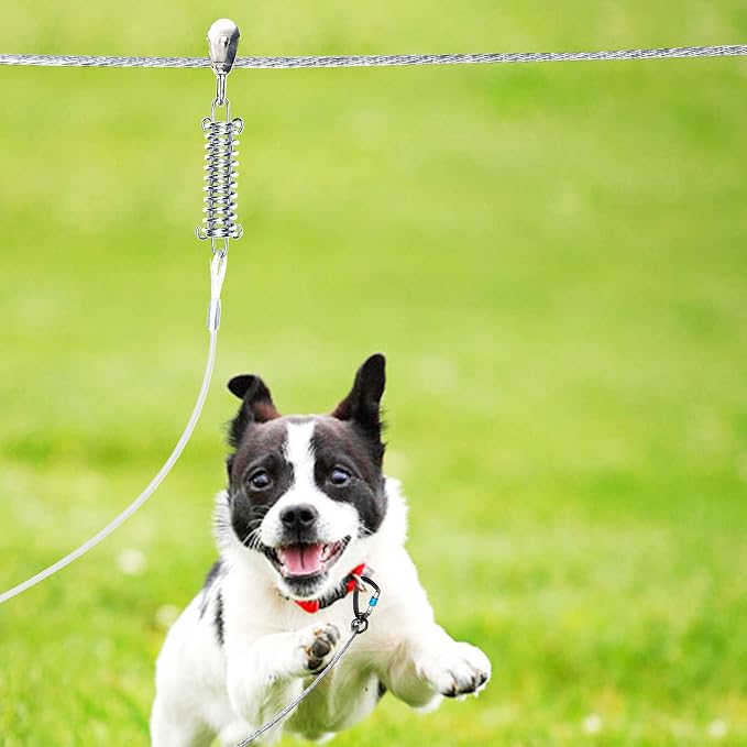 Dog Tie Out Runner for Yard,Trolley System for Large Dogs,Heavy Duty Dog Run Cable Lead 200ft with 10ft Pulley Runner Line for Small Medium and Large Dogs Up to 250lbs Running Outside Yard or Camping