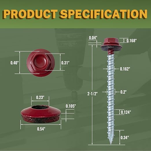 LIONMAX Metal Roofing Screws #10 × 2-1/2 Inch, 300-PCS, Dark Red Painted Hex Head Sheet Metal Roof Screws, Rubber Washer, Sharp Point, Metal to Wood Siding Screws, Hex Socket Included