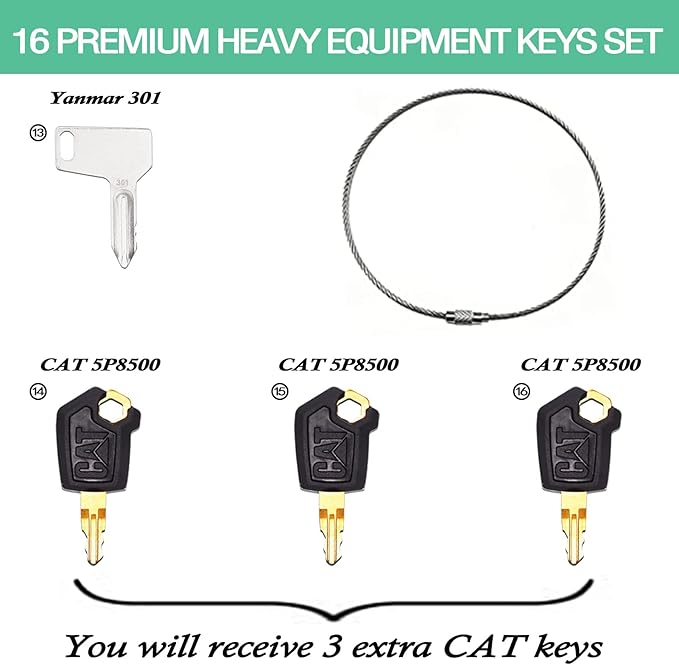Yasashii 16 Heavy Equipment Keys Set Fits CAT, Case, JD, Komatsu, Kubota, Yanmar, Daewoo, Hyster, Takeuchi, Heavy Construction Equipment Ignition Key Set