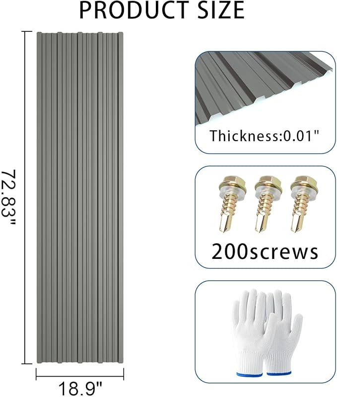 15 PCS 143.4 sq.ft Metal Roofing Panels, 72.83 * 18.9in Corrugated Galvanized Roof Panels, Waterproof Siding Panels with 100 Pcs Screws for Garages, Sheds, Stables and Mobile Homes