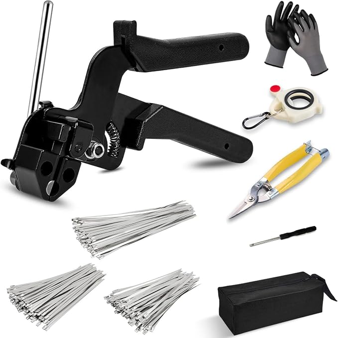 Stainless Steel Cable Tie Gun Kit,Metal Zip Tie Tool with (100 Each of 6,8,12 Inch) Adjustable Fastening Cutting Tie Tool Sets,Adjustable Tension Fastening/Cutting Tool (200LBS) for Industrial/Fence