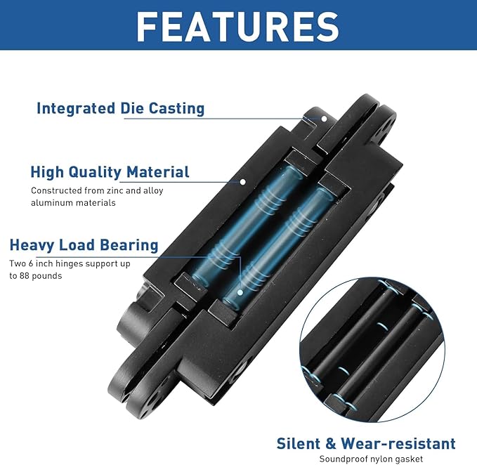 TamBee 6inch Hidden Door Hinges Invisible Hinges Concealed Hinges Zinc Alloy 180 Degree Swing Hinge 3 Way Adjustable Butt Hinge 6 x 2.5 x 1 inch Black (2 Pack)