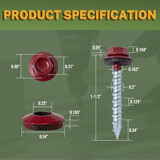 LIONMAX Metal Roofing Screws #10 × 1-1/2 Inch, 300-PCS, Dark Red Painted Hex Head Sheet Metal Roof Screws, Rubber Washer, Sharp Point, Metal to Wood Siding Screws, Hex Socket Included