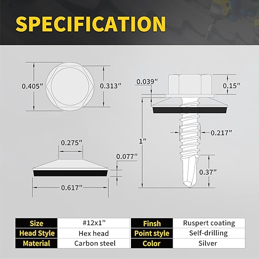 Metal Roofing Screws #12 × 1", 300 PCS, FIXLINK RUSPERT Hex Head Rubber Washer Sheet Metal Roof Screws Self Drilling Metal to Wood Siding Screws, Hex Socket Included, Silver