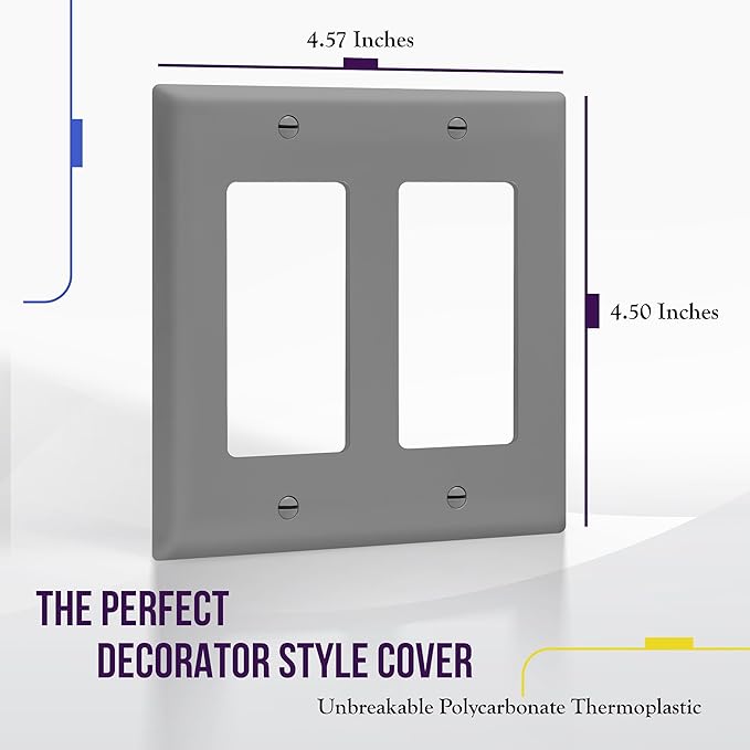 ENERLITES Decorator Light Switch or Receptacle Outlet Wall Plate, Gloss Finish, Size 2-Gang 4.50" x 4.57", Unbreakable Polycarbonate Thermoplastic, UL Listed, 8832-GY, Gray
