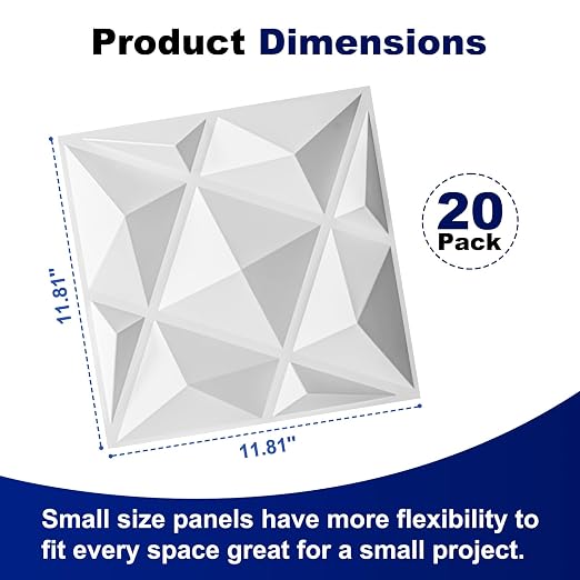 20 Pack 3D Wall Panels for Interior Wall Decor, 12''x12'' White Accent Diamond Panels for Gaming Room Bedroom TV Background, White
