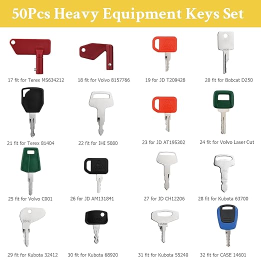 50 Heavy Equipment Keys Master Set, Construction Machine Keys Set for Caterpillar Cat John Deere Komatsu Volvo Bobcat Kubota JCB Case New Holland Hitachi Hyster Yanmar Takeuchi