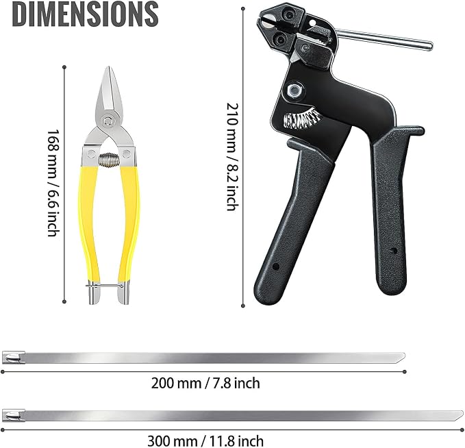 Stainless steel cable tie gun kit, with 200 heavy-duty metal zip ties | Tensile strength 200 lbs two sizes of cable ties UV resistant for use in outdoor fencing chicken coops and wire mesh fixing