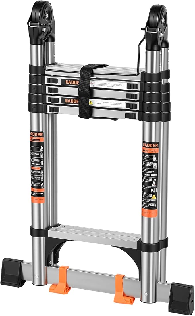 Telescoping Ladder 16.5 FT A Frame, Extension Multi-Purpose with Balance Bar Heavy Duty 330 lbs Max Capacity for Home and Outdoor Work, Silver