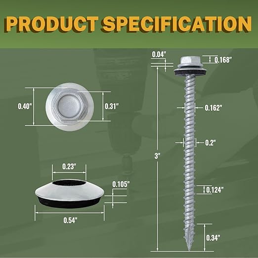 LIONMAX Metal Roofing Screws #10 × 3 Inch, 300-PCS, Rustproof Coating Hex Head Sheet Metal to Wood Siding Screw with Rubber Washer, Sharp Point, Hex Socket Included