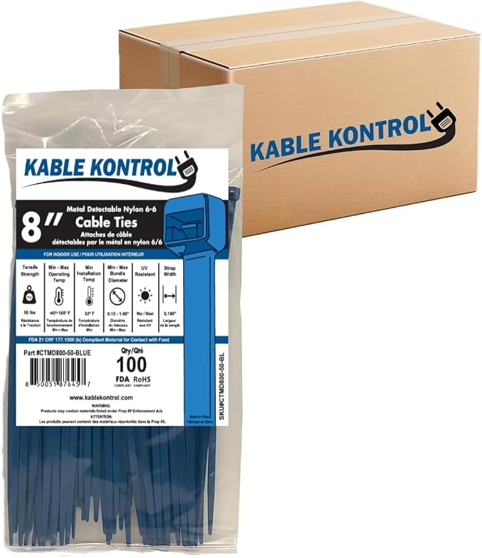 Kable Kontrol Metal Detectable Blue Zip Ties 10000 Pcs, 8 Inch, 50 Lbs Test | Iron Infused Cable Ties, Self-Locking, Metal Detector Compatible, Material Complies FDA Standards, Bulk Pack