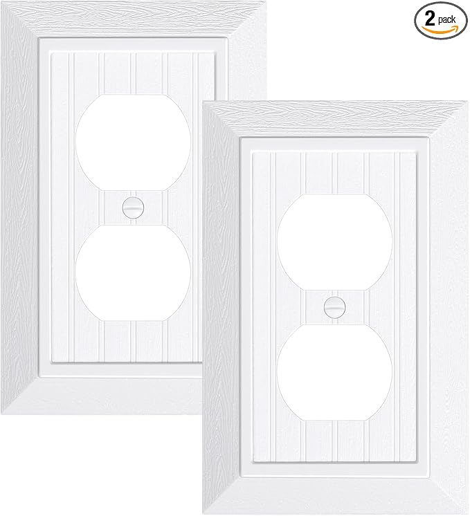 2-Pack Classic Beadboard Duplex Outlet Cover Plate, Decorative Unbreakable Polycarbonate Switch Plates and Outlet Covers, Pure White Wall Plates for Electrical Outlets, 1 Gang Receptacle Cover